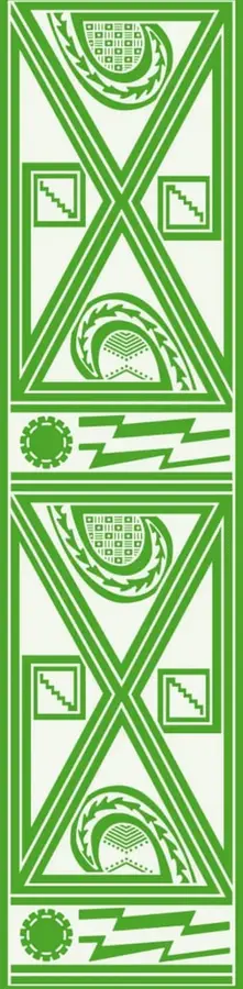 Ilustración ornamental verde con motivos geométricos indígenas: triángulos, escaleras, círculos con sol dentado y rayos, repetida en dos módulos simétricos.