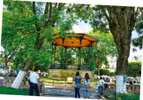 Quiosco de madera en un parque con árboles y personas caminando.