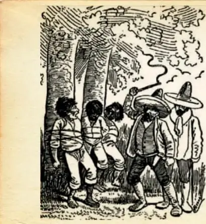 Grabado de campesinos e indígenas caminando, representando su resistencia y desplazamiento.