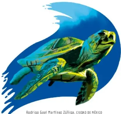 Ilustración de una tortuga marina sobre fondo azul, de Rodrigo Gael Martínez Zúñiga, Ciudad de México.