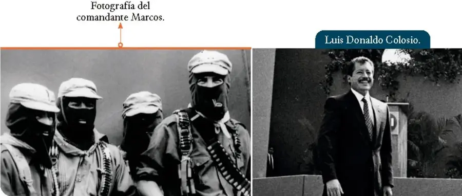 Fotografía en blanco y negro de un grupo de personas encapuchadas y armadas, con la leyenda 'Fotografía del comandante Marcos'.