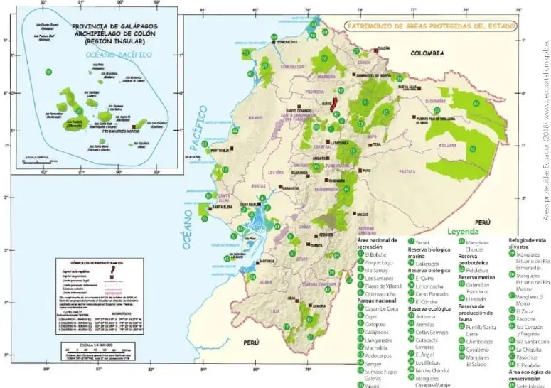 Mapa del patrimonio de áreas protegidas del Estado, con áreas protegidas del Ecuador continental y de las islas Galápagos.