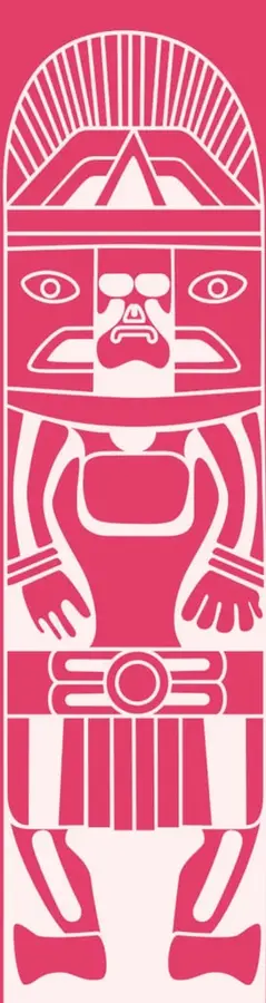 Ilustración estilizada en color rosa y blanco que representa una figura humana o deidad de perfil frontal, con tocado radiado, rostro con ojos grandes, brazos extendidos y faldellín con franjas verticales. Recuerda al arte mesoamericano o a un tótem, y funciona como elemento decorativo de la apertura del tema.