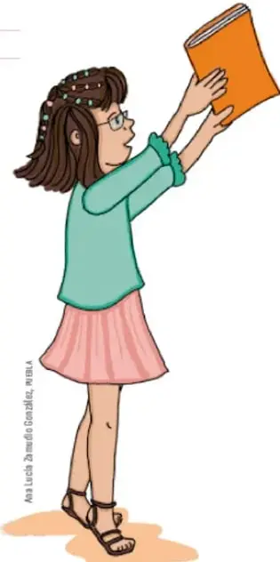 Ilustración de una niña sosteniendo una revista naranja.