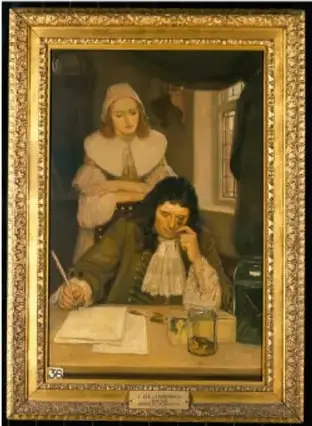 Pintura enmarcada de Anton van Leeuwenhoek en su estudio, sentado junto a una mujer, con papeles, frascos y sus instrumentos ópticos sobre la mesa.