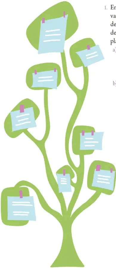 Ilustración de un árbol verde con hojas en forma de tarjetas o notas de papel sujetas con pinzas rosas, que representa el Árbol de problemas.