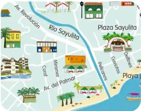 Croquis pequeño de Sayulita con el río, calles, plaza, playa y símbolos.