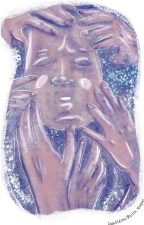 Ilustración de un rostro con los ojos cerrados y lágrimas, rodeado de numerosas manos que lo tocan; tonos violeta, rosa y azul; firma de la ilustradora en el borde inferior derecho.