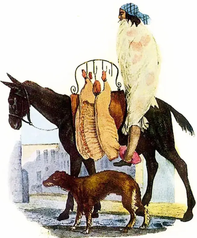 Litografía coloreada de Claudio Linati (1828) titulada «Carnicero mexicico»: un hombre cubierto con un manto blanco y sombrero de cuadros monta un caballo oscuro del que cuelgan cortes de carne; al pie del animal avanza un perro, con edificios al fondo.
