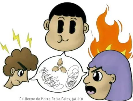 Ilustración de tres rostros humanos: uno con rayos de enojo, uno neutro y uno con fuego y expresión de rabia; entre ellos, nubes de pensamiento con garabatos que representan el conflicto. Crédito: Guillermo de Marco Rojas Palos, JALISCO.