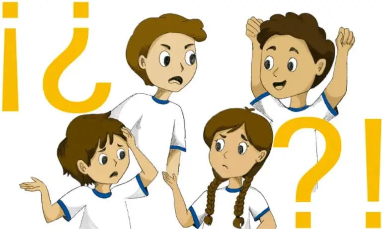 Ilustración de cuatro niños con expresiones de duda y sorpresa, acompañada de signos de interrogación y admiración grandes en color amarillo.