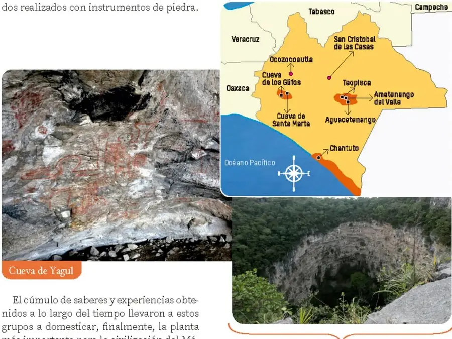 Fotografía de arte rupestre en la Cueva de Yagul, con pinturas rojas sobre roca.