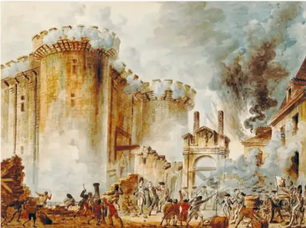 Pintura histórica que representa el Motín de Aranjuez o la invasión francesa, con soldados y edificios en llamas.
