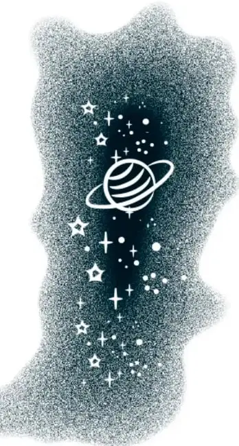 Ilustración vertical de galaxia o nebulosa azul oscura con estrellas, un planeta con anillos y cruces brillantes.