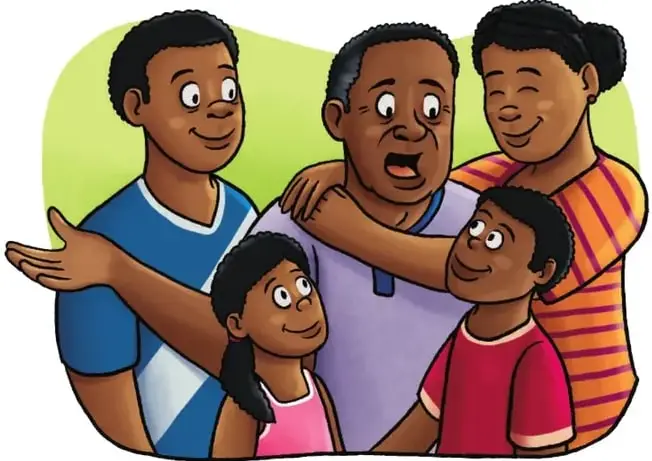 Ilustración de una familia afroecuatoriana sonriente: padre con camiseta azul abrazando a su esposa con blusa naranja, y dos hijos (niña y niño) en primer plano.