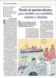Recorte de una nota periodística titulada 'Nación de puertas abiertas, pero también con xenofobia, racismo y clasismo', con fotografías de personas y un barco, que ejemplifica un texto periodístico.