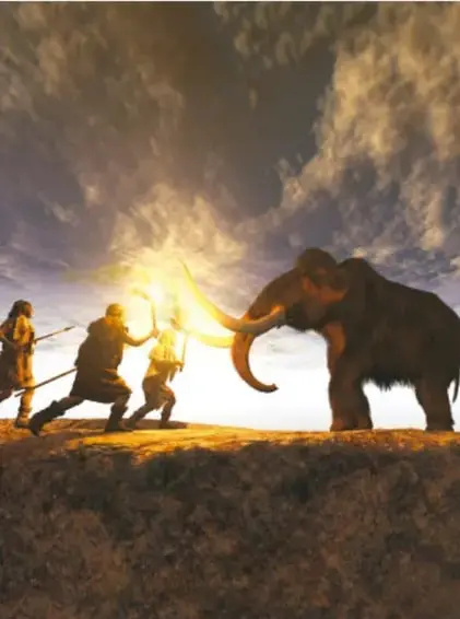 Ilustración de un grupo de personas prehistóricas cazando a un mamut con lanzas, bajo un cielo nublado.