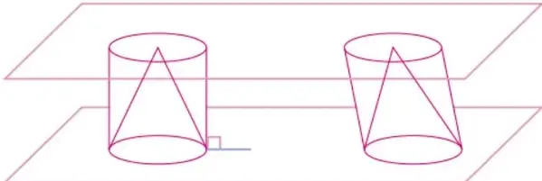 Dos cilindros rectos con un cono inscrito; se muestra cómo al elegir un punto en la cara superior y unirlo con el borde de la base se forma un cono recto.