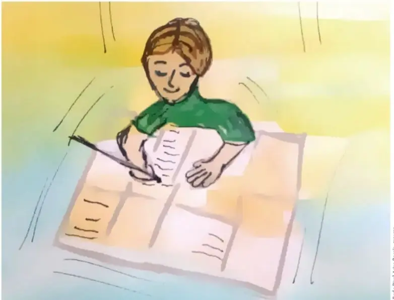 Ilustración de una persona escribiendo o dibujando sobre hojas de papel, posiblemente elaborando un tríptico a mano.