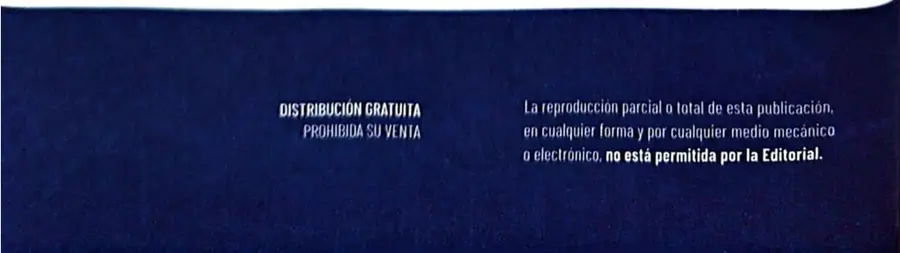 Franja azul con los avisos de distribución gratuita y prohibición de reproducción parcial o total.
