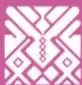 Icono geométrico de estilo prehispánico/mesoamericano en blanco sobre fondo magenta, que acompaña al recuadro lateral sobre lenguaje y cultura.