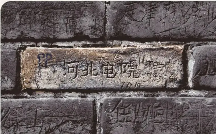 Fotografía de ladrillos antiguos de la muralla con inscripciones talladas en caracteres chinos.