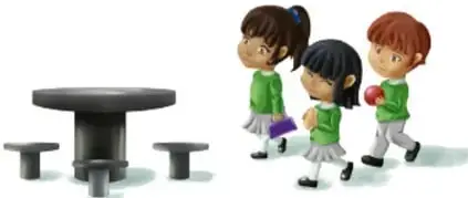 Ilustración de tres estudiantes caminando hacia una mesa redonda con bancos.