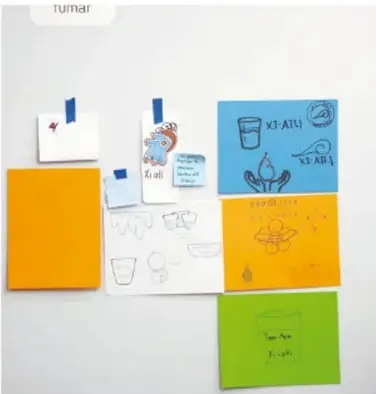 Fotografía de un muro con materiales de presentación del proyecto: hojas y cartulinas de colores (naranja, verde, blanco) con dibujos y notas adheridas con cinta azul, entre ellas un cartel con la palabra 'fumar' y otros con imágenes de vasos y símbolos.