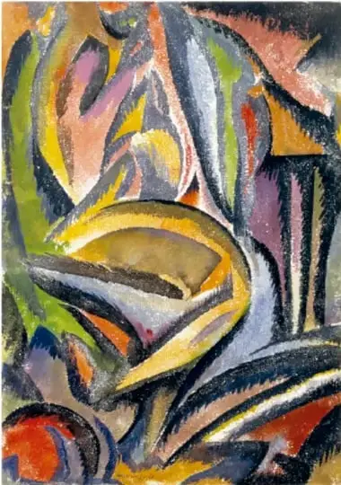 Reproducción de la obra Paisaje (1913) de Man Ray: composición abstracta con formas orgánicas y colores intensos (amarillos, rojos, azules, verdes y negros).