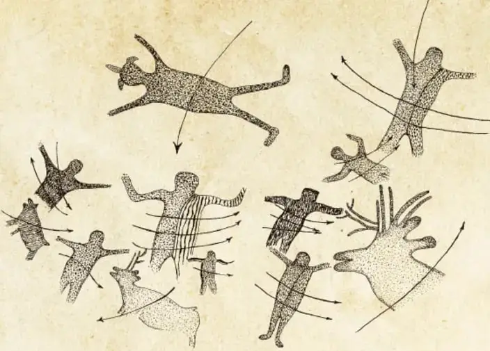 Escena rupestre con figuras humanas cazando venados y otros animales con arcos y flechas; un venado grande al centro con líneas que sugieren movimiento.