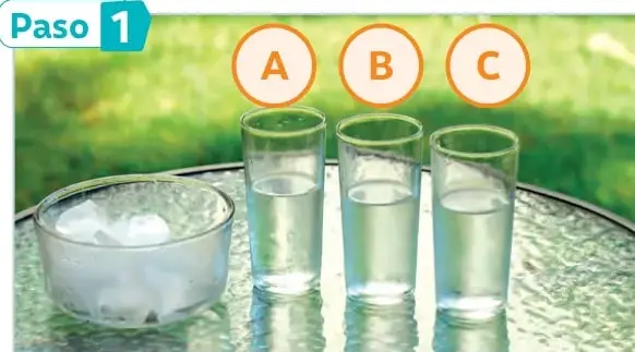 Un bol con hielos y tres vasos transparentes vacíos etiquetados A, B y C sobre una mesa.