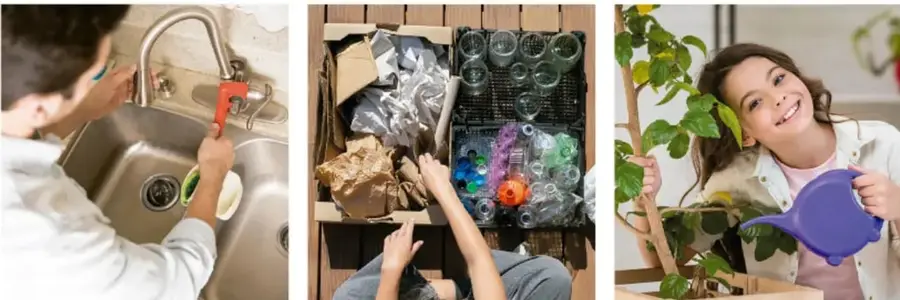 Niño lavando trastes en el fregadero, cerrando la llave para ahorrar agua.