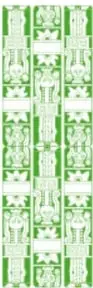 Cinco columnas decorativas de estilo prehispánico en verde, representan los ejes: Español, Lengua indígena como lengua materna, Lengua indígena como segunda lengua, Inglés y Artes.