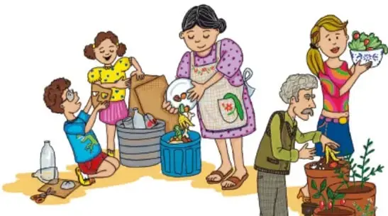 Ilustración de niños, adultos y personas mayores realizando acciones comunitarias: separar residuos en botes, compostar, sembrar plantas en macetas y barrer la calle.