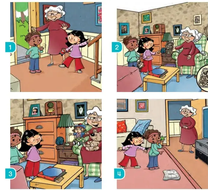 Cuatro viñetas de la historia: 1) niños entran con la abuela, 2) niños en el living con juguetes, 3) niños juegan con oso y pelota, 4) abuela observa a los niños jugar.