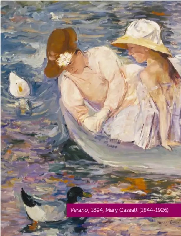 "Verano", 1894: dos mujeres con sombreros en una barca, sobre agua con reflejos morados y azules; un pato nada junto a ellas.