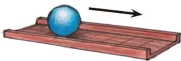 Resbaladilla casi horizontal con pelota azul y flecha indicando movimiento hacia la derecha