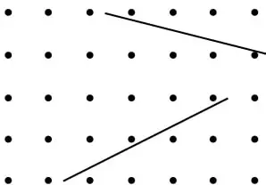 Cuadrícula de puntos con dos rectas oblicuas para trazar paralelas con regla.