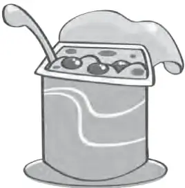 Envase de yogur con cuchara y trozos de fruta.