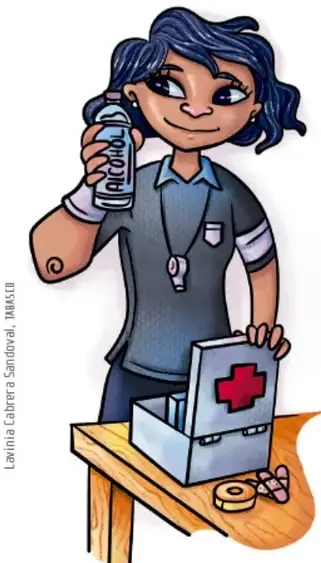 Ilustración de una estudiante de enfermería o auxiliar con botiquín de primeros auxilios con cruz roja sobre una mesa, sosteniendo una botella de alcohol, junto a vendas; representa la estación de primeros auxilios del torneo. Firmada: Lavinia Cabrera Sandoval, IMAXID.