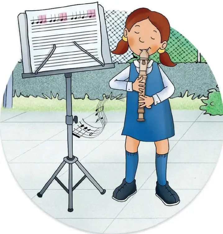 Ilustración de una niña tocando flauta dulce frente a un atril con una partitura en la que se destacan notas musicales.