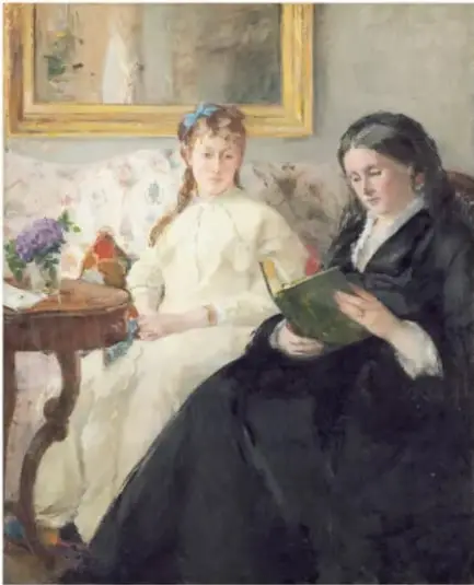 Retrato de interior con dos mujeres sentadas, una leyendo, colores sobrios y atmósfera íntima, 1869-1870.