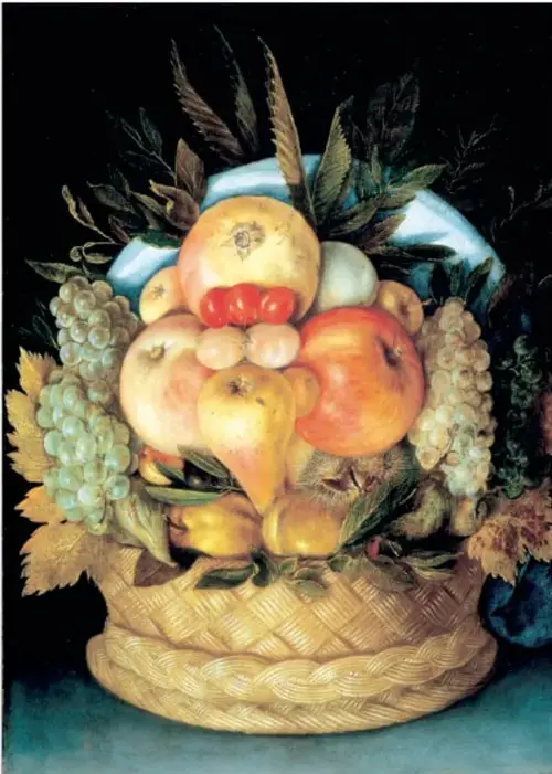 Pintura 'La cesta de frutas' (ca. 1590): cesta de mimbre con manzanas, peras, uvas, higos y hojas vista en posición normal.