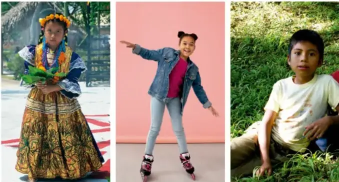 Tres fotografías: una niña con traje tradicional, una niña patinando y un niño sentado en un entorno natural, representando la diversidad cultural y de estilos de vida.