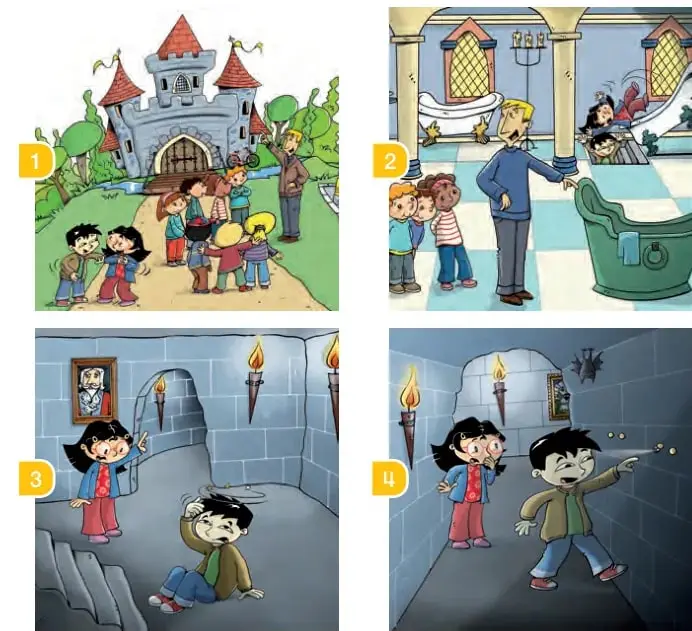 Cuatro escenas numeradas de la historia: 1) niños llegando al castillo, 2) baño con bañera y mayordomo, 3) pasillo con antorchas y un niño en el suelo, 4) pasillo con antorchas y un ratón.