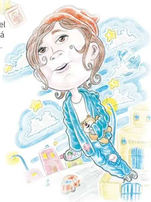 Ilustración de Úrsula, una niña con gorro rojo, pijama azul y un osito de peluche, flotando entre nubes, estrellas doradas y aviones de papel sobre un vecindario nocturno donde se ve el orfanato. Crédito: César Gustavo Ramírez Jiménez, Estado de México.