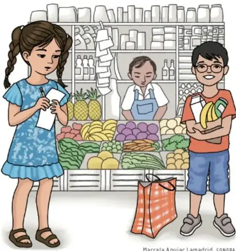 Ilustración de dos niñas y un niño comprando frutas y verduras en un puesto de mercado (crédito: Marcela Aguiar Lamadrid, SONORA).