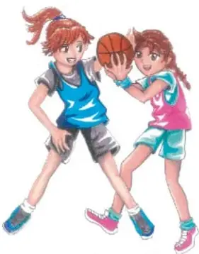 Ilustración de dos niñas jugando básquetbol en el recreo; una lleva balón y la otra intenta quitárselo.