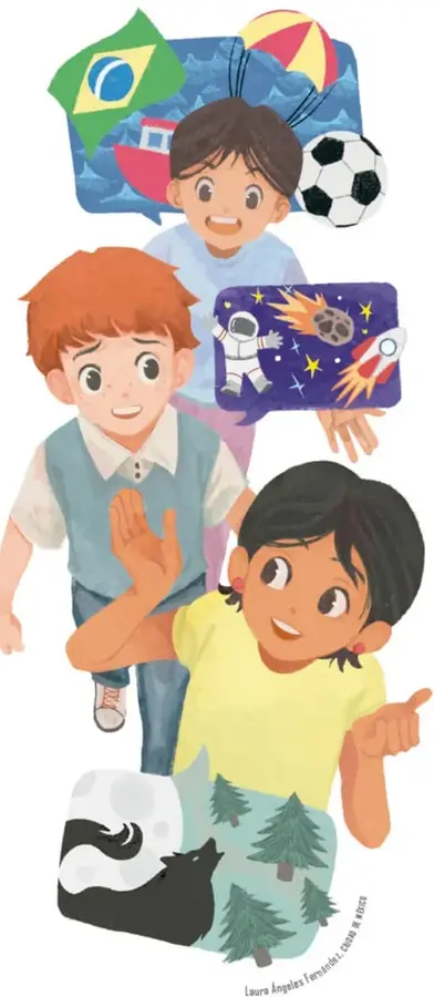 Ilustración de tres niños con globos de pensamiento: uno con la bandera de Brasil, un barco, una pelota de playa y un balón; otro con un astronauta, un asteroide y un cohete; abajo, la silueta de un lobo aullando entre árboles.