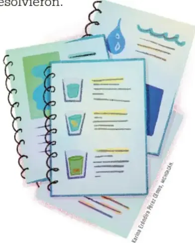 Cuaderno de espiral abierto con dibujos de vasos de agua y notas escritas.